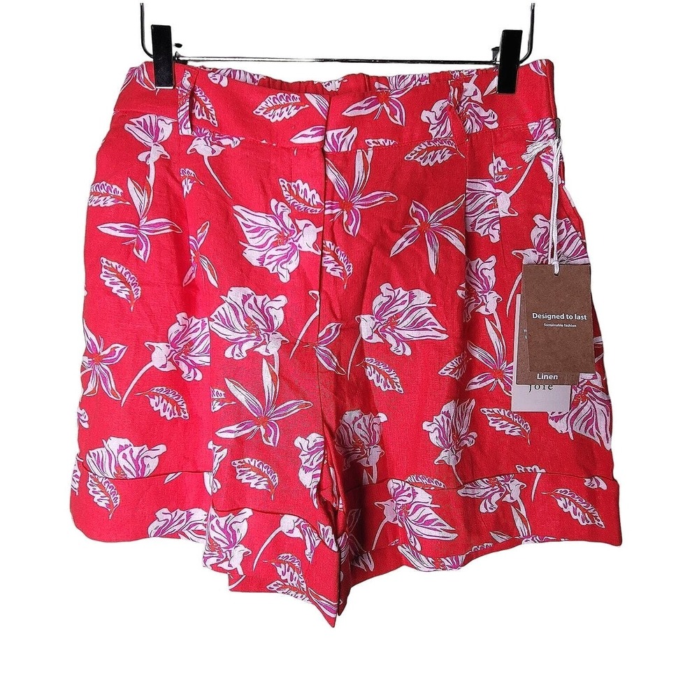 Joie Linen High Rise Shorts 8 Floral Pleated Red Pink Pocket Cuff Elastic Boho